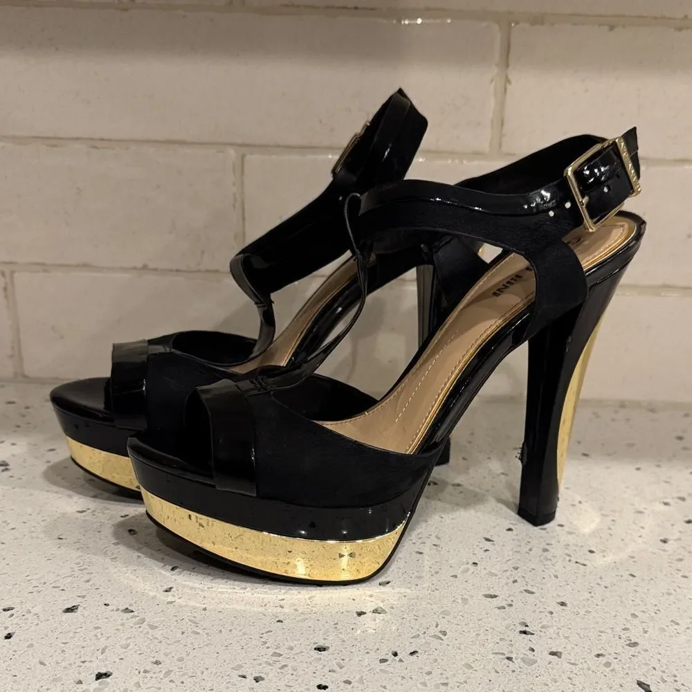 Gianni Bini Elegant Black and Gold Platform Special Occasion Heels Open Toe 8.5